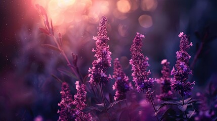 Naklejka premium A picturesque scene featuring a vibrant purple flower field against a bright sunny backdrop