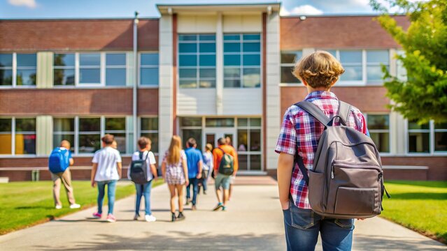Child standing in front of the school entrance. Opening of the school season. Back to school - Powered by Adobe