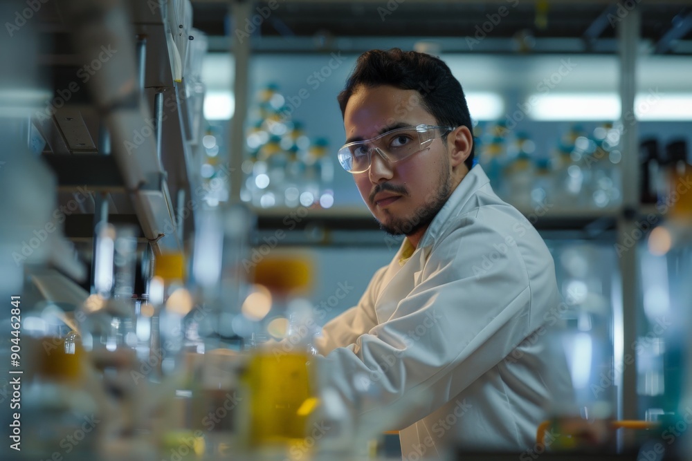 Poster a lab technician wearing a lab coat and safety goggles works diligently with laboratory equipment, s