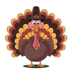 A cartoon turkey is adorned with a black pilgrim hat and colorful feathers