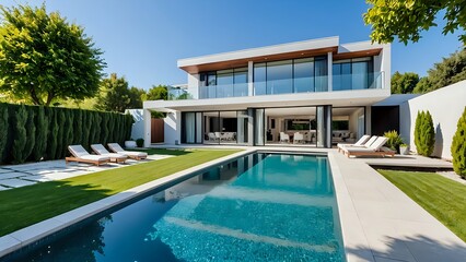Fototapeta premium A luxurious real estate property with a stunning pool in the backyard, modern architecture, clear blue sky, elegant landscaping, spacious outdoor area