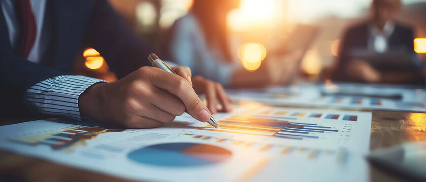 Corporate Finance Team Analyzing Data on Blank Meeting Table in Office Setting for Editorial Photography