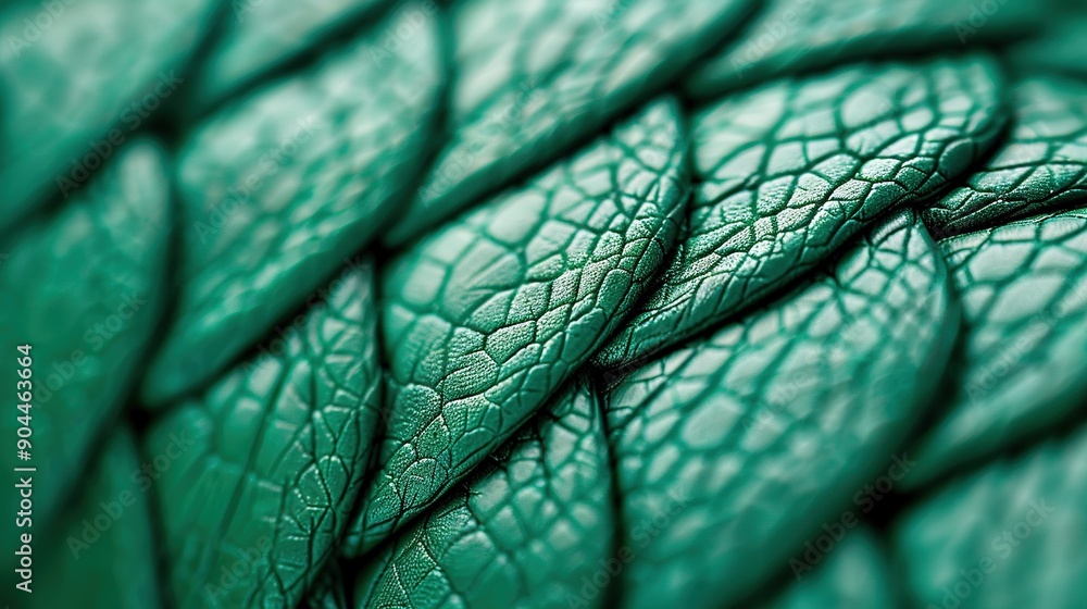 Poster a close-up view of a green leaf's leaf with a like pattern on a green background