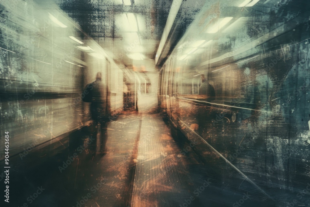Poster a person walking down a long hallway in a blurred image
