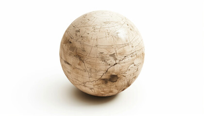 An ancient, weathered globe showcasing a map with intricate, aged details, set against a white background.