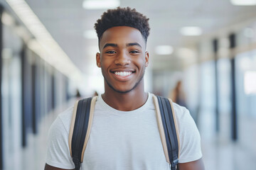 Portrait of smiling young black male student with a backpack walking in the school hallway,  back to school concept, copy space for text 