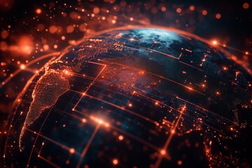 Vibrant global connectivity visualized with digital networks over earth at night