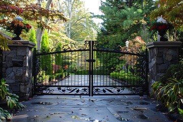 Beautiful black wrought iron driveway gate opening to a lush green garden