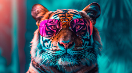 a tiger wearing sunglasses in front of a colorful background