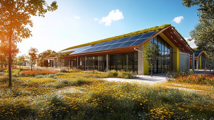 A solar-powered office building with a green roof.