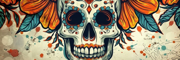 Fototapeta premium Vintage postcard. Day of the Dead in Mexico. Illustration with skull and orange flowers on a light background. Traditional Mexican holiday. Horizontal banner. Copy space. El dia de los muertos