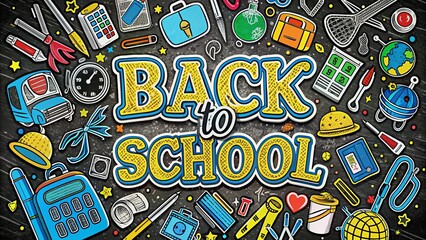 Fototapeta premium Back to school. Children going to school with backpacks on colorful background. Pattern school