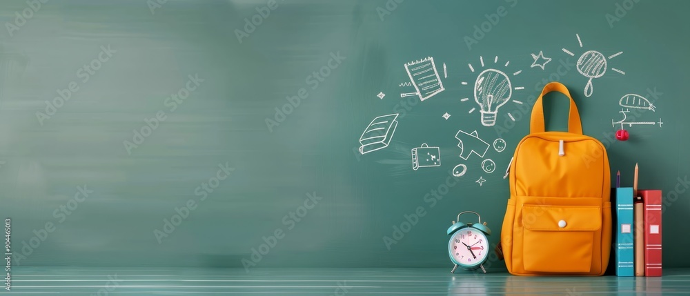 Poster yellow backpack and clock on desk with chalkboard in classroom setting