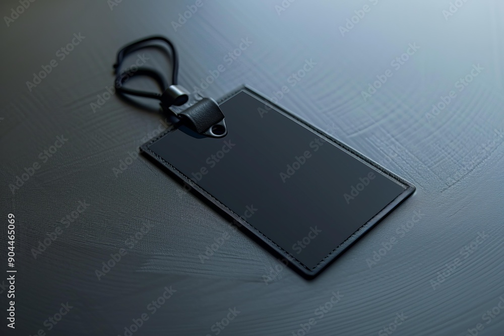 Poster blank black leather name tag with string lying on dark grey surface