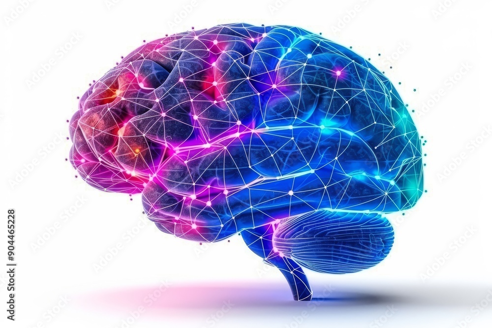 Poster neon brain mesh with electric connections symbolizing the vibrant networking of neural pathways.