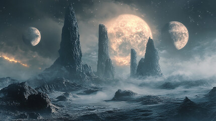 Alien landscape with strange rock formations and multiple moons