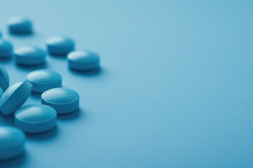 A collection of small blue pills arranged on a flat blue surface