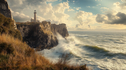 Serene coastal cliff with a lighthouse and crashing waves
