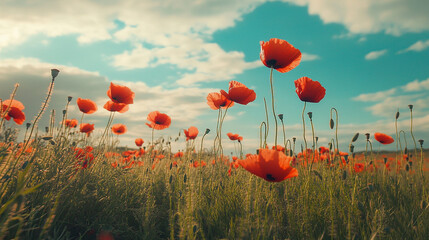 Serene field of poppies with a gentle breeze and blue sky