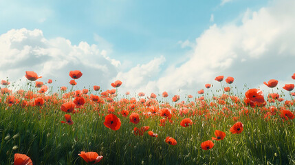 Serene field of poppies with a gentle breeze and blue sky