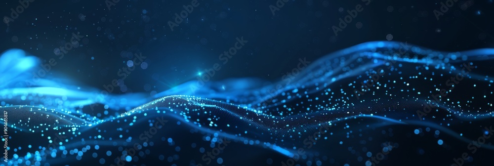 Poster dynamic abstract blue waves and particles flowing through space, representing data and futuristic te