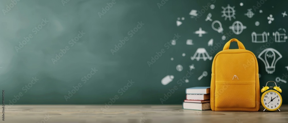 Poster yellow backpack and clock on desk with chalkboard in classroom setting