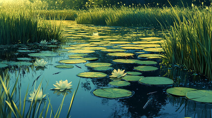 Serene marshland with lily pads and dragonflies