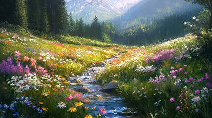 Serene meadow with a babbling brook and wildflowers
