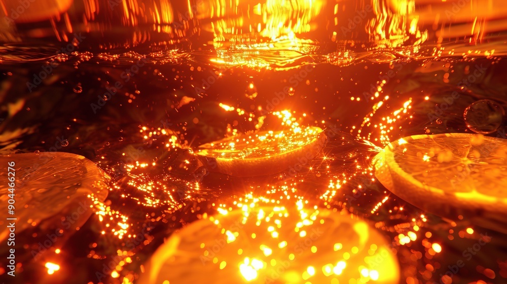 Poster a high-resolution image of oranges displayed on a table with light illuminating the top surfaces