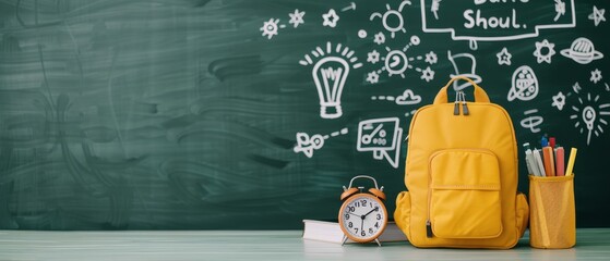Yellow Backpack and Clock on Desk With Chalkboard in Classroom Setting