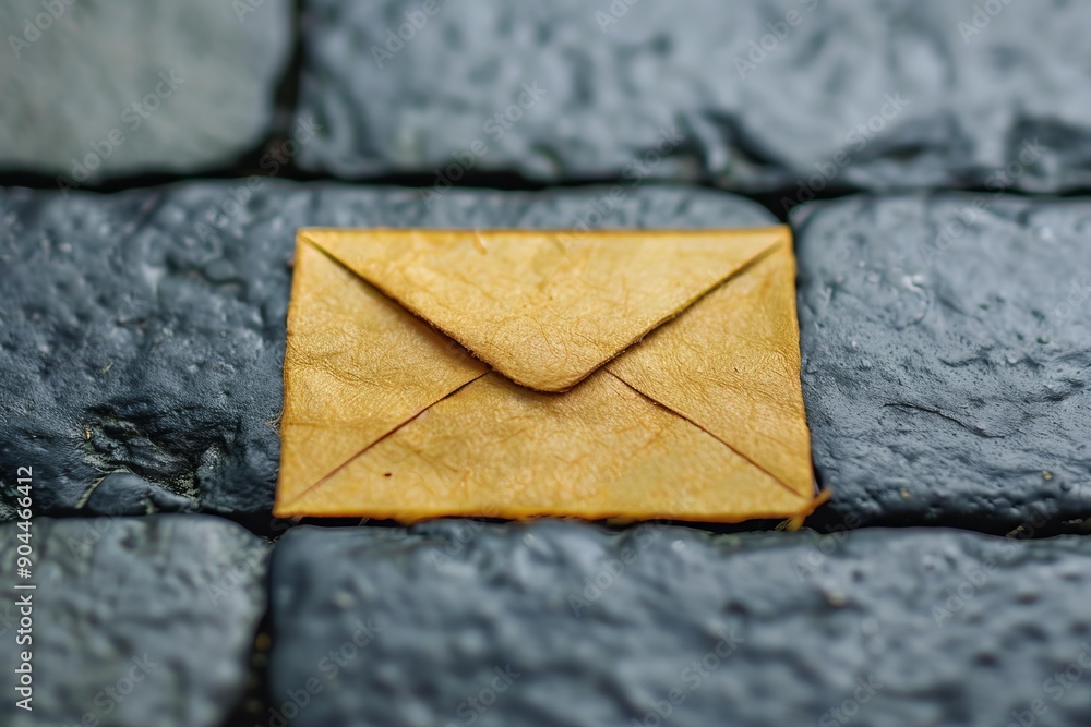 Poster old yellow envelope lying on a stone surface, representing concepts of communication, nostalgia and 