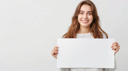 A radiant young woman with long brown hair holding a blank white poster, smiling brightly against a plain white wall, conveying positivity.