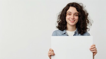 Fototapeta premium A young lady with curly hair holding a blank white poster against a plain wall, smiling confidently and conveying a sense of openness and positivity.