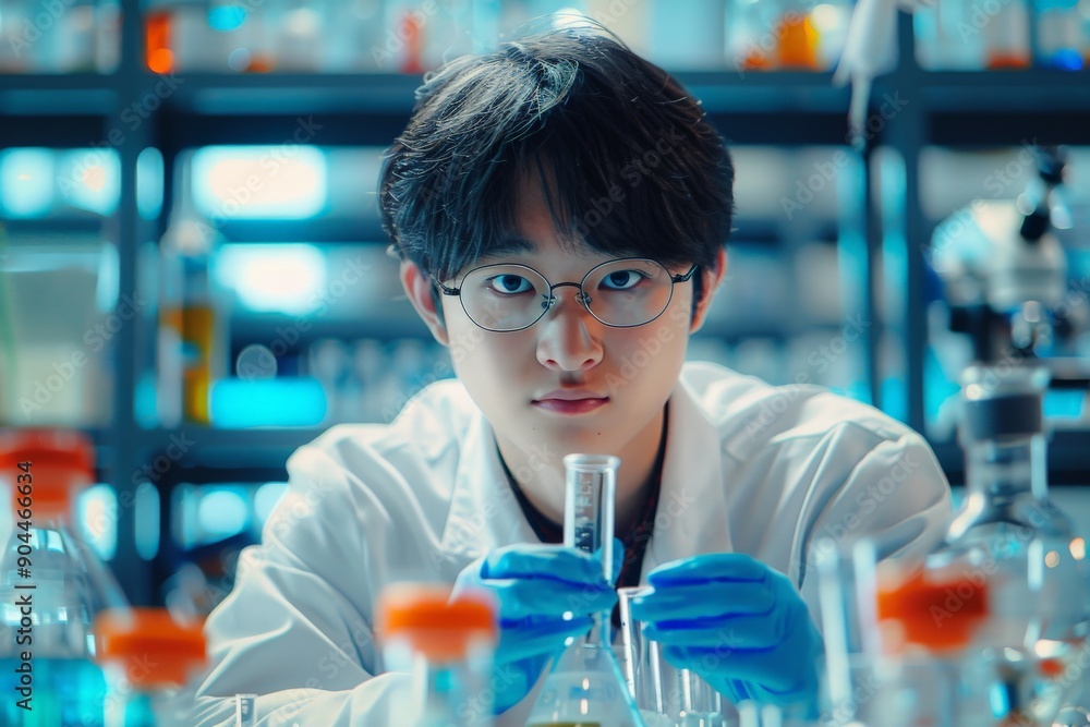 Aufkleber A lab technician concentrates on analyzing samples, employing a pipette with precision in a laboratory filled with an array of scientific apparatus and glassware.