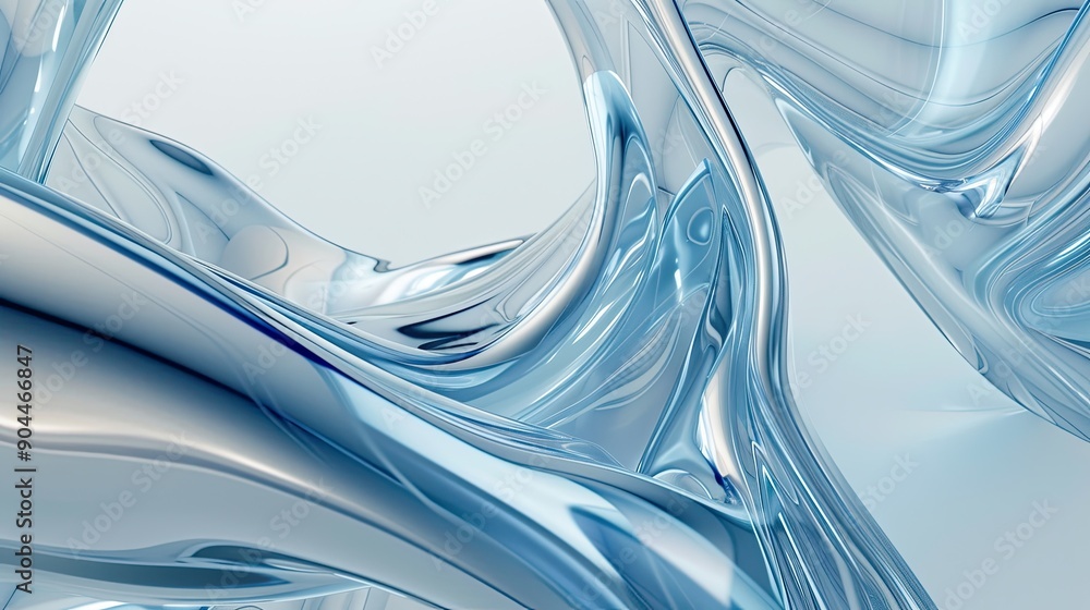 Poster elegant abstract composition featuring curved blue shapes and glossy glass texture under soft lighti