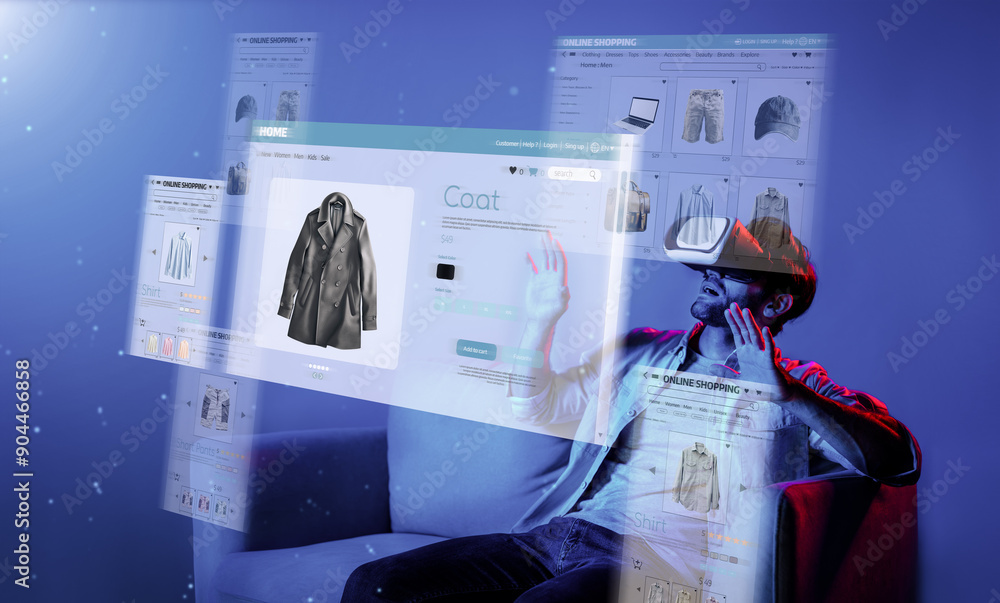 Aufkleber caucasian man choosing and selecting product for shopping list while wearing visual reality goggles.