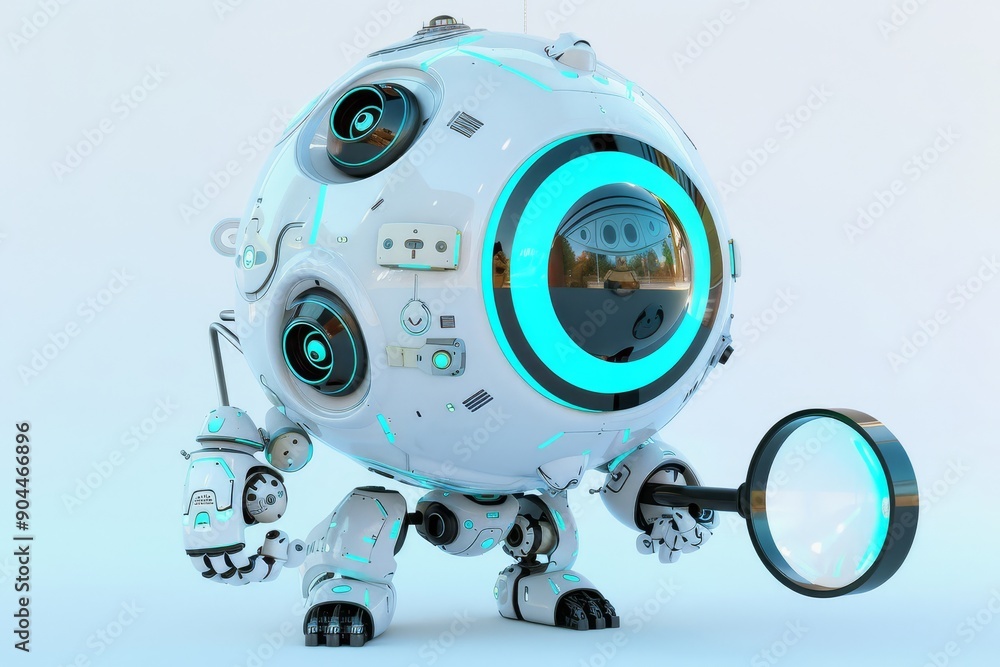 Poster Round futuristic robot holding a magnifying glass, symbolizing exploration and curiosity in the field of artificial intelligence and technology, Generative AI