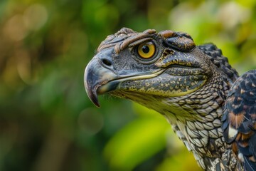 Obraz premium This image depicts a reptilian bird hybrid with an intense gaze, intricate patterns on its skin, set amid the dense foliage of a jungle, combining two distinct animal traits.