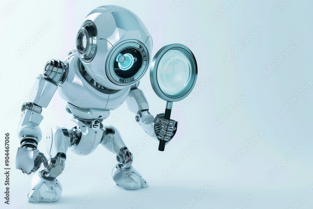 Poster Round futuristic robot holding a magnifying glass, symbolizing exploration and curiosity in the field of artificial intelligence and technology, Generative AI
