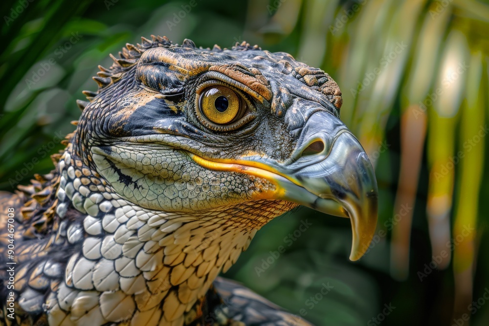 Poster this close-up image beautifully captures the intricate details of a bird's feathers, sharp beak, and