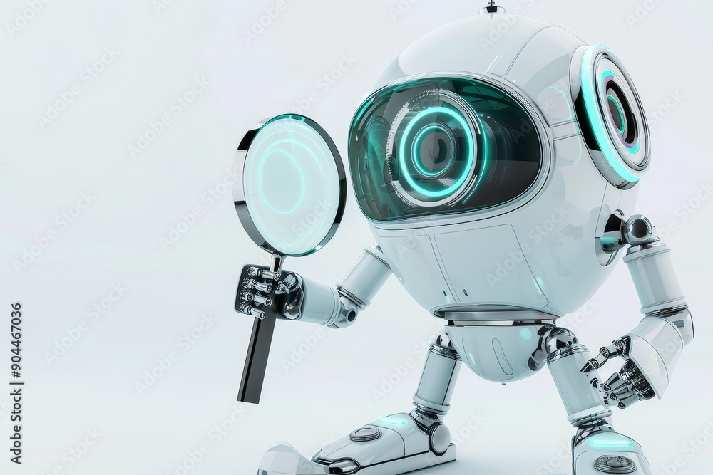 Aufkleber round futuristic robot holding a magnifying glass, symbolizing exploration and curiosity in the fiel