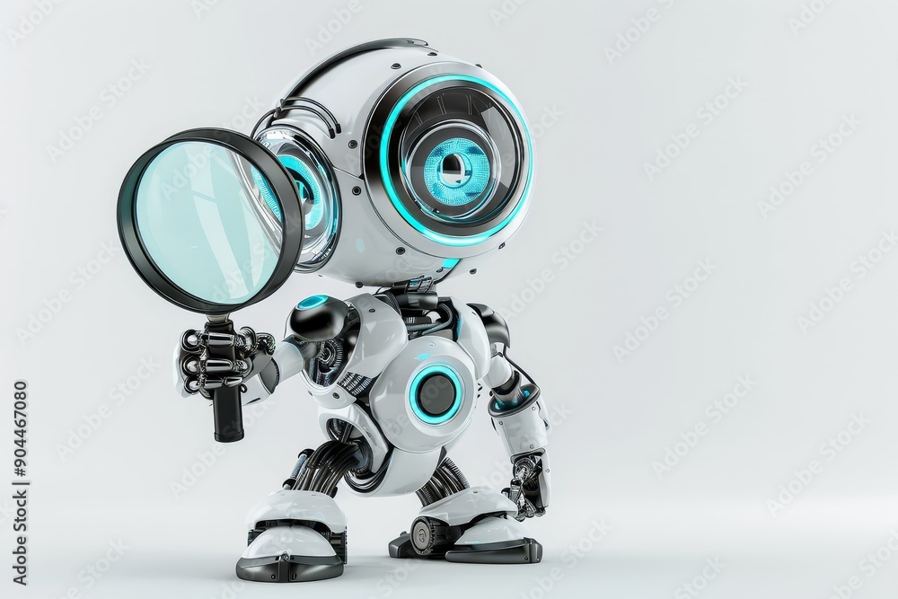 Poster small robot holding a magnifying glass, symbolizing curiosity and the exploration of technology and 
