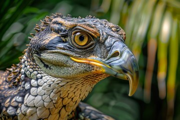 Obraz premium This close-up image beautifully captures the intricate details of a bird's feathers, sharp beak, and focused eye, standing out brilliantly against a blurred background.