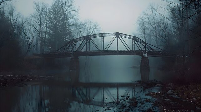 A bridge over a river with fog in the background