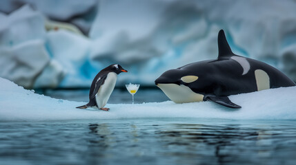 Obraz premium Penguin enjoying a cocktail with orca on an iceberg for National Wildlife Day on September 4th
