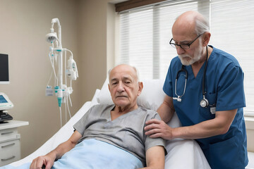 An old man , a pensioner in the hospital for examination.