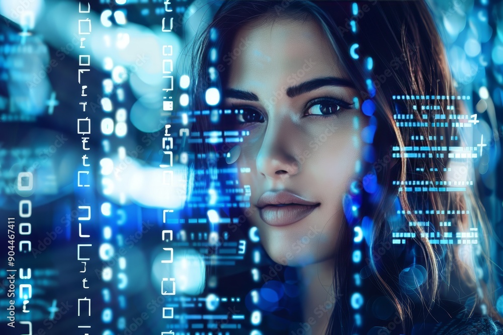 Poster portrait of a woman surrounded by digital data streams, symbolizing the fusion of technology, inform