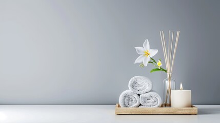 Scented candles and a diffuser sit on a wooden tray alongside fresh flowers, creating a tranquil ambiance in a cozy living room