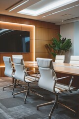 A modern conference table set up with comfortable chairs and a flat screen TV for meetings or presentations