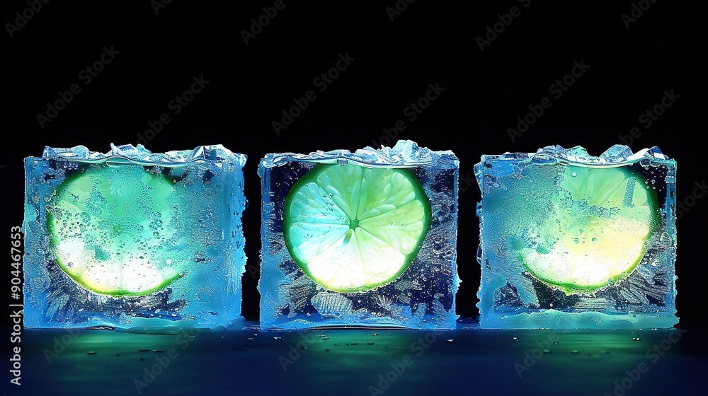 Poster a green apple in an ice cube surrounded by two others